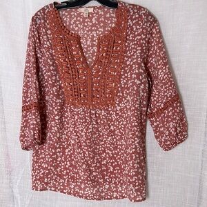 Y2K COMO blouse,women S, boho ,EC,Embroidered,cut outs, yoke,festival,pink/rust